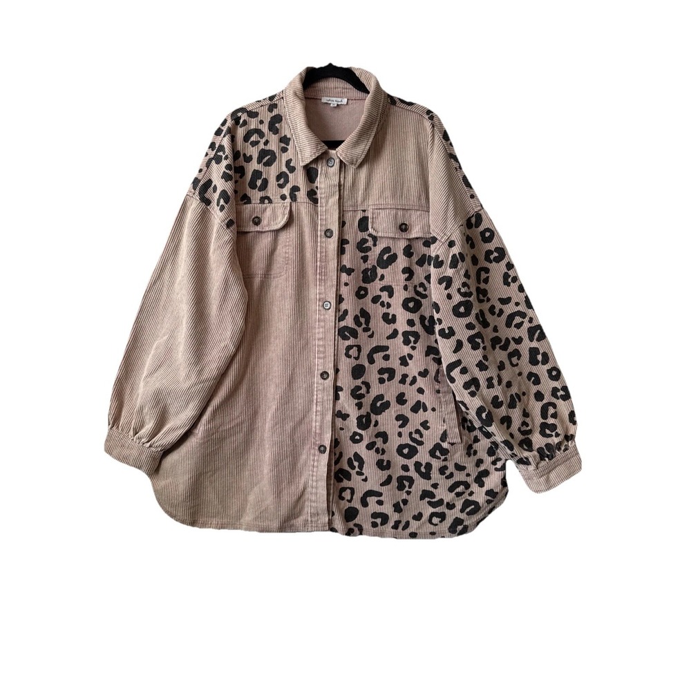 White Birch Pink Corduroy Leopard Elbow Patch Pocket Shacket Plus 2X Boho Chic